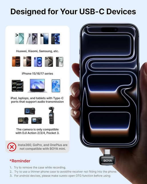 BOYA Mini 2 Wireless Microphone Type-C AI Noise Cancellation, Tiny 5g Mic for Vlogging & Streaming