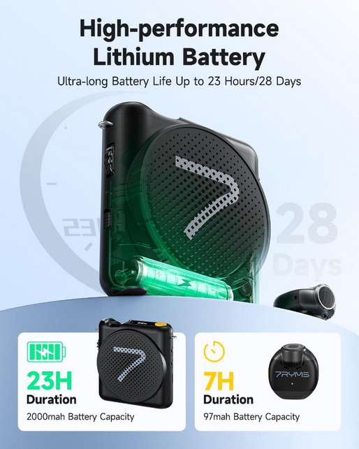 7RYMS WA2 Voice Amplifier with Wireless Lavalier Microphone, (Black)