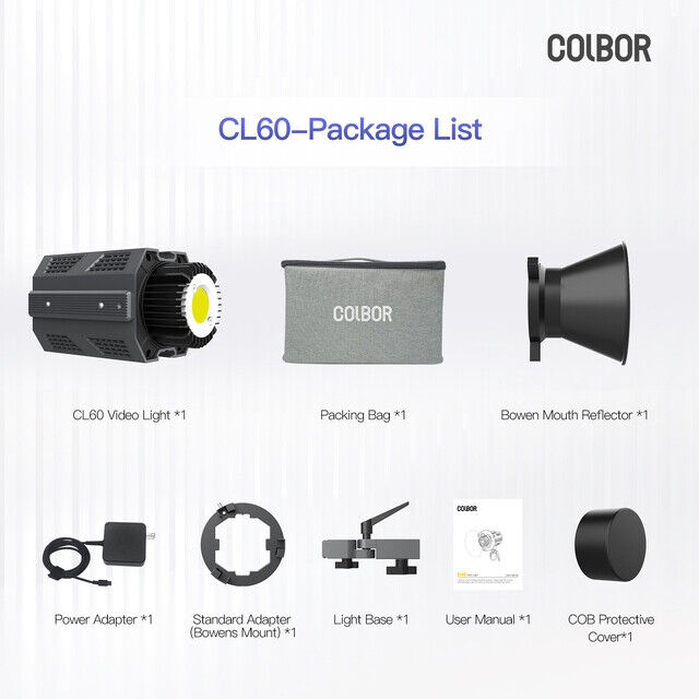 COLBOR CL60 COB Video Light,Power 65W,2700K to 6500K,CRI 97+,Only 550g