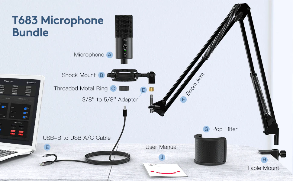 FIFINE T683 USB Microphone Bundle with A Mute Button, A Volume Dial &amp; A Monitoring Jack for PC/Mac/Mobile