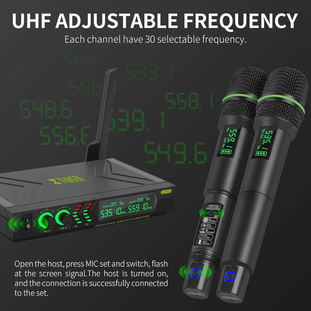 XTUGA U777 Dual Cordless Dynamic Handheld Wireless Microphone System 2x48 Adjustable UHF Channels