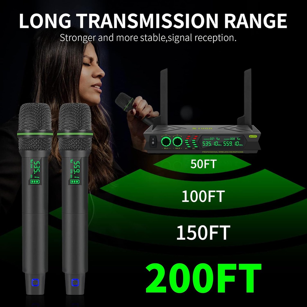 XTUGA U777 Dual Cordless Dynamic Handheld Wireless Microphone System 2x48 Adjustable UHF Channels