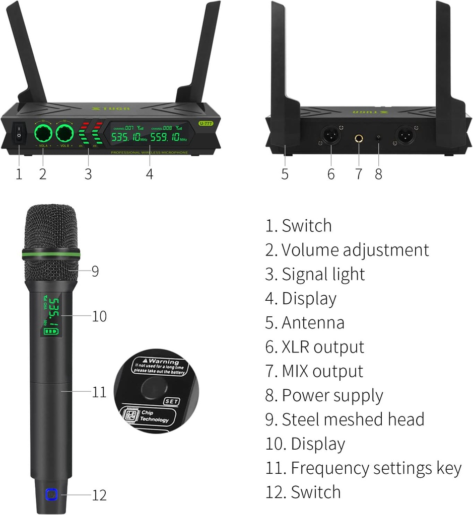 XTUGA U777 Dual Cordless Dynamic Handheld Wireless Microphone System 2x48 Adjustable UHF Channels
