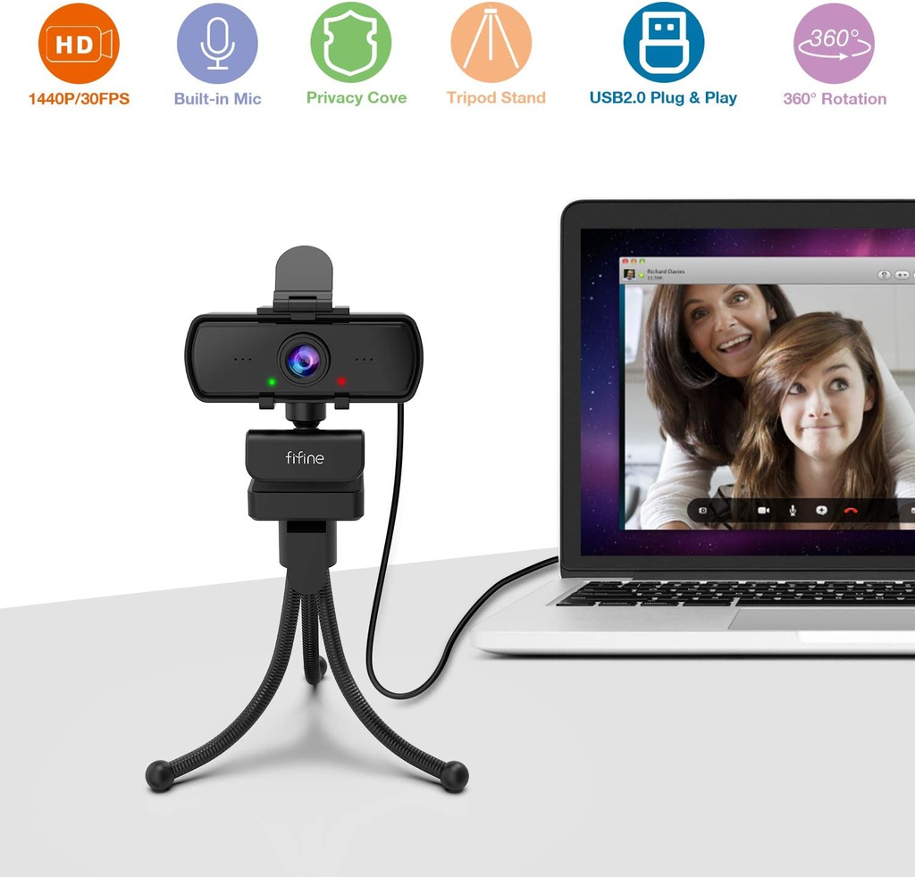 Fifine K420 Webcam 1440P, 2K Web Camera With Privacy Cover &amp; Tripod For Laptop Desktop, Plug &amp; Play