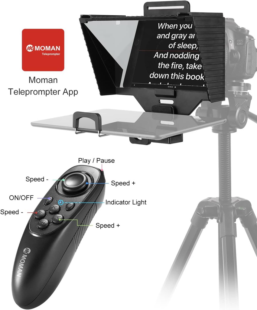 MOMAN Teleprompters with Tripod for DSLR Camera Recording with 70/30 Beam Split Glass &amp;  for Remote Control Tablet-iPad-Teleprompter